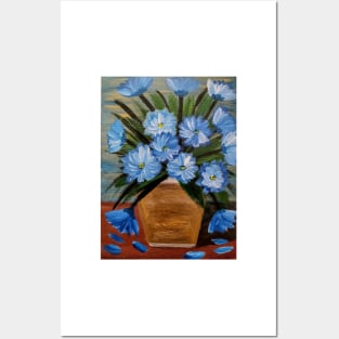 Stunning blue flowers in a gold vintage vase painting Posters and Art